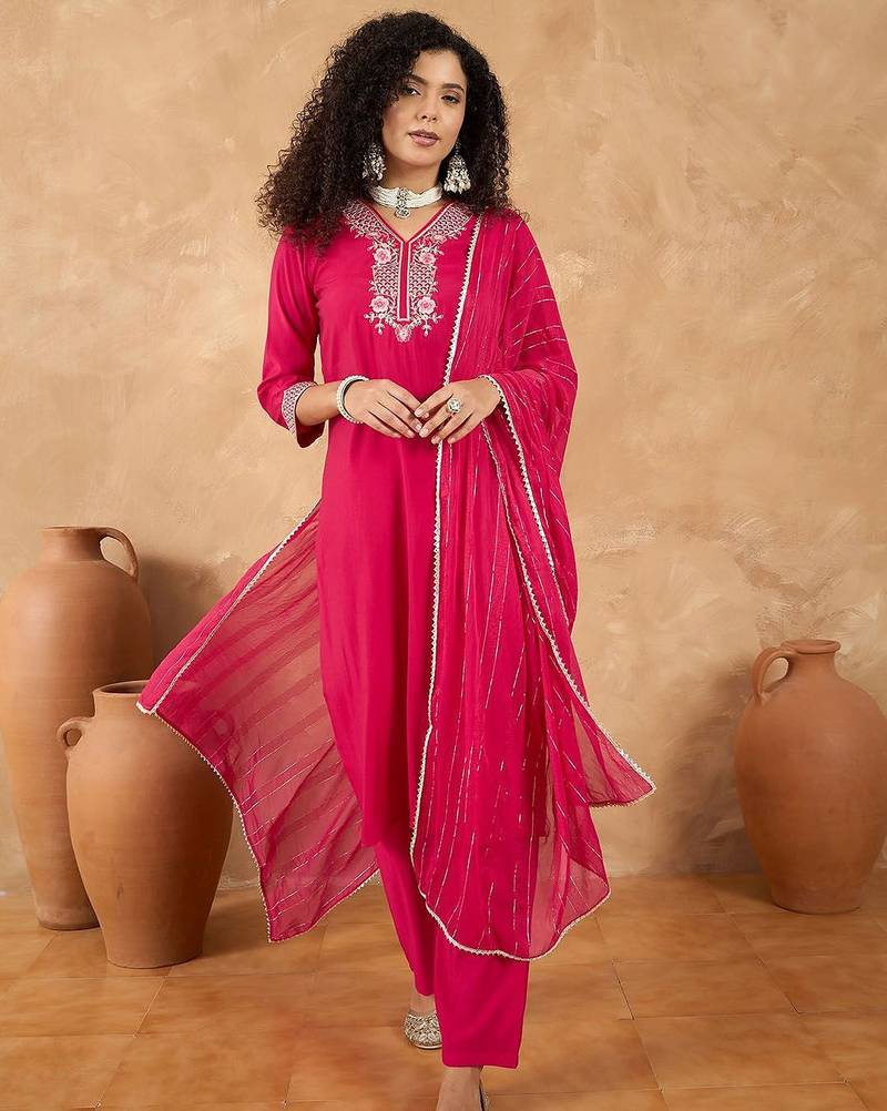 Women Ethnic Motifs Embroidered Kurta with Trouser & Dupatta