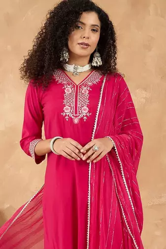 Women Ethnic Motifs Embroidered Kurta with Trouser & Dupatta