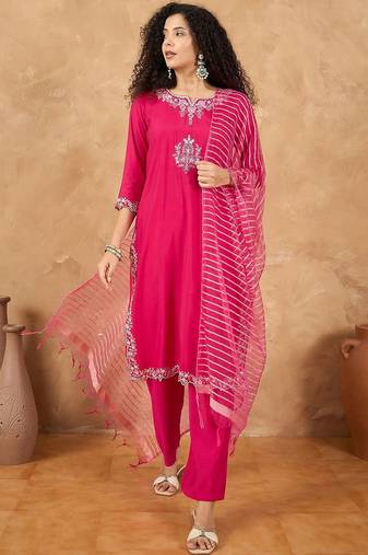 Women Ethnic Motifs Embroidered Kurta with Trouser & Dupatta