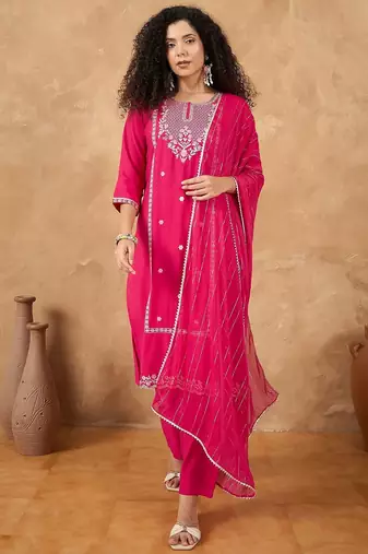 Floral Embroidered Thread Work Straight Kurta With Trousers & Dupatta