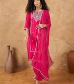 Floral Embroidered Thread Work Straight Kurta With Trousers & Dupatta