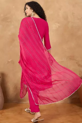 Floral Embroidered Thread Work Straight Kurta With Trousers & Dupatta