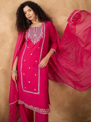 Floral Embroidered Thread Work Straight Kurta With Trousers & Dupatta 7