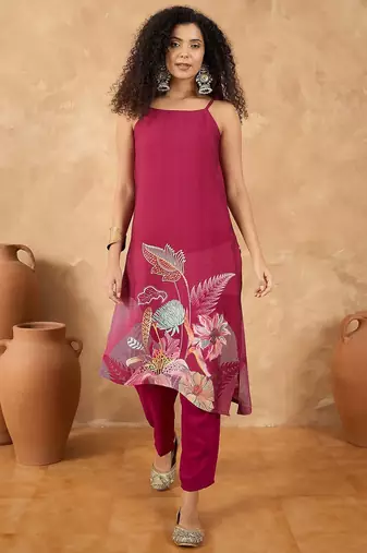 Spaghetti Tie Up Strap Floral Kurta with Trousers