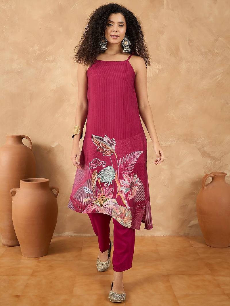 Spaghetti Tie Up Strap Floral Kurta with Trousers