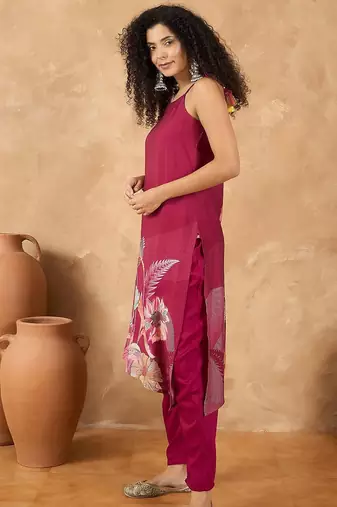 Spaghetti Tie Up Strap Floral Kurta with Trousers