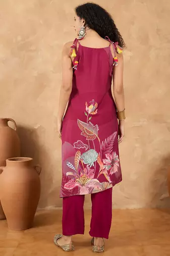 Spaghetti Tie Up Strap Floral Kurta with Trousers