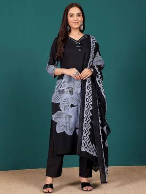 Floral Printed V-Neck Pure Cotton Straight Kurta With Trousers & Dupatta 1