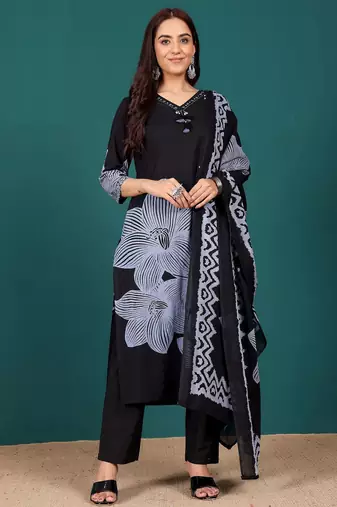 Floral Printed V-Neck Pure Cotton Straight Kurta With Trousers & Dupatta