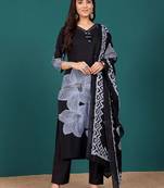 Floral Printed V-Neck Pure Cotton Straight Kurta With Trousers & Dupatta