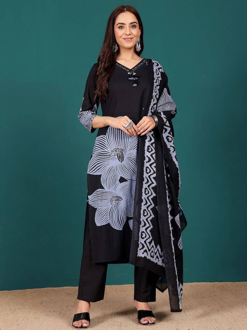 Floral Printed V-Neck Pure Cotton Straight Kurta With Trousers & Dupatta