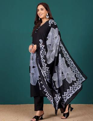 Floral Printed V-Neck Pure Cotton Straight Kurta With Trousers & Dupatta 5