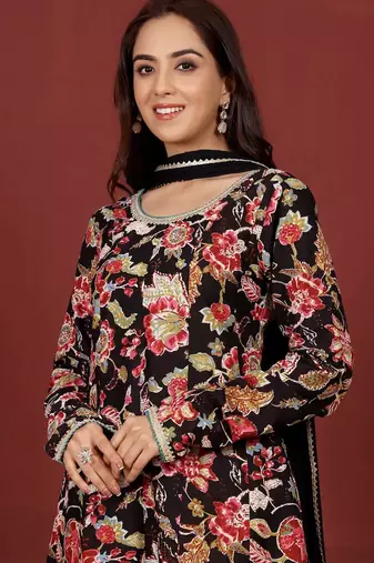 Floral Printed Round Neck Pure Cotton Anarkali Kurta With Trousers & Dupatta