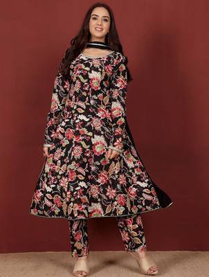 Floral Printed Round Neck Pure Cotton Anarkali Kurta With Trousers & Dupatta 1