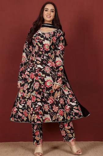 Floral Printed Round Neck Pure Cotton Anarkali Kurta With Trousers & Dupatta