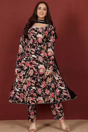 Floral Printed Round Neck Pure Cotton Anarkali Kurta With Trousers & Dupatta