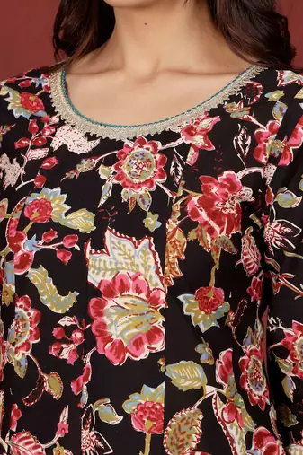 Floral Printed Round Neck Pure Cotton Anarkali Kurta With Trousers & Dupatta