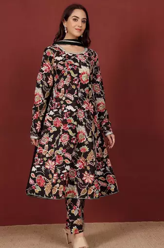 Floral Printed Round Neck Pure Cotton Anarkali Kurta With Trousers & Dupatta