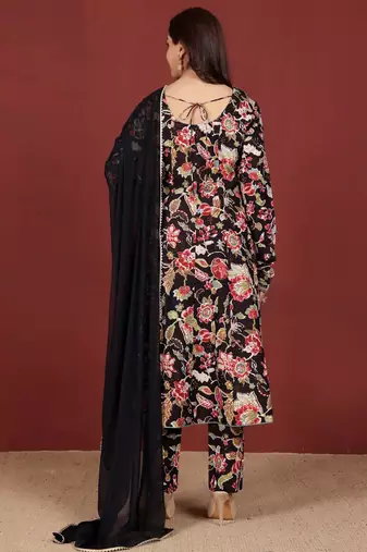 Floral Printed Round Neck Pure Cotton Anarkali Kurta With Trousers & Dupatta