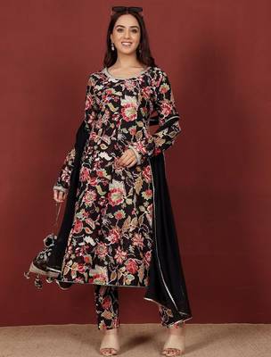 Floral Printed Round Neck Pure Cotton Anarkali Kurta With Trousers & Dupatta 7