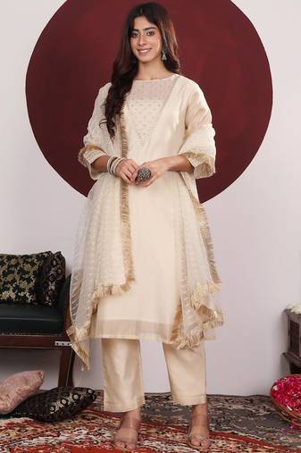 Floral Embroidered Round-Neck Straight Kurta With Trousers & Dupatta