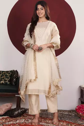 Floral Embroidered Round-Neck Straight Kurta With Trousers & Dupatta