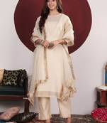 Floral Embroidered Round-Neck Straight Kurta With Trousers & Dupatta