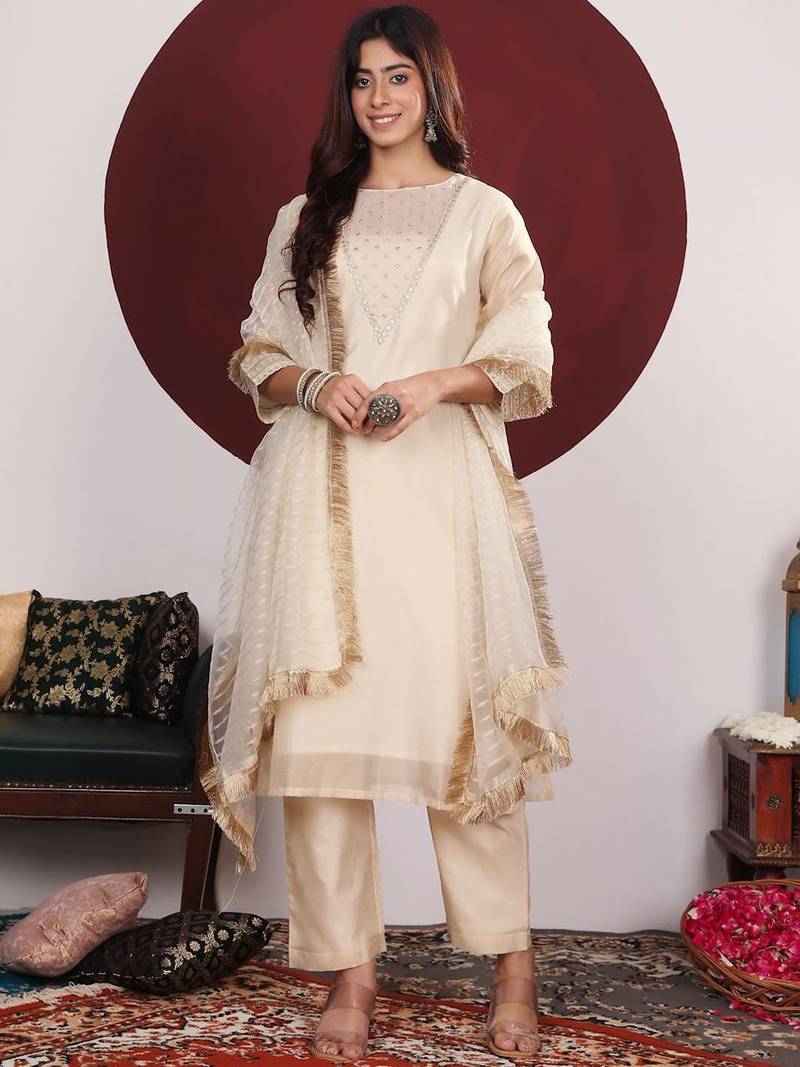 Floral Embroidered Round-Neck Straight Kurta With Trousers & Dupatta