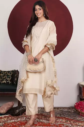 Floral Embroidered Round-Neck Straight Kurta With Trousers & Dupatta