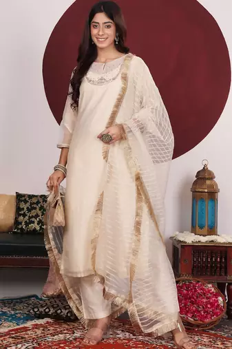 Floral Embroidered Round Neck Straight Kurta With Trousers & Dupatta