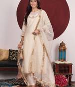 Floral Embroidered Round Neck Straight Kurta With Trousers & Dupatta