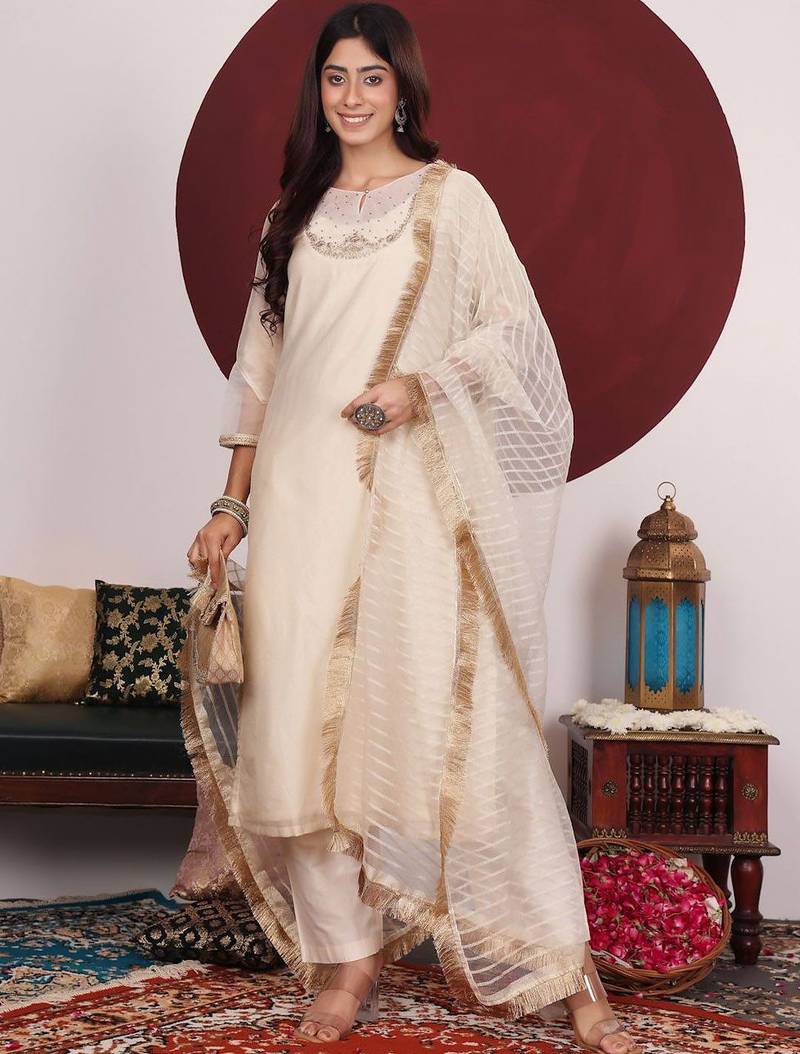 Floral Embroidered Round Neck Straight Kurta With Trousers & Dupatta