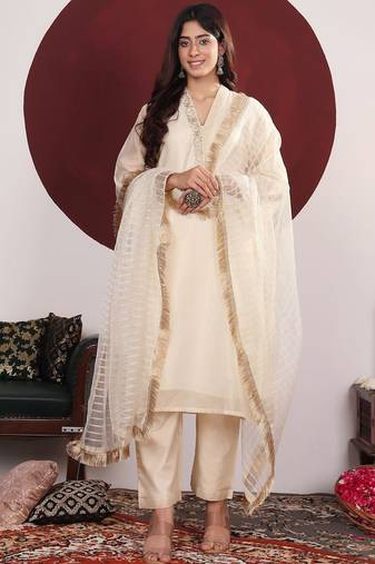 Floral Embroidered Round-V Straight Kurta With Trousers & Dupatta