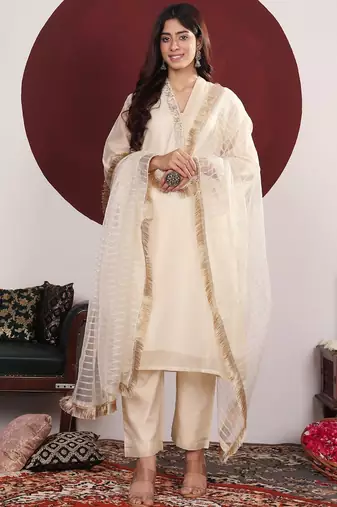Floral Embroidered Round-V Straight Kurta With Trousers & Dupatta