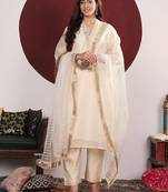 Floral Embroidered Round-V Straight Kurta With Trousers & Dupatta