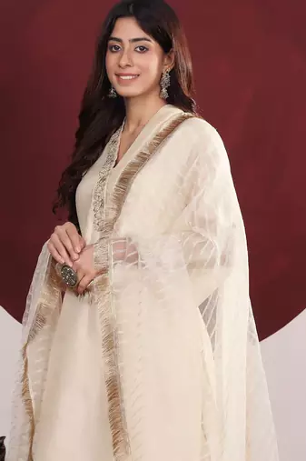Floral Embroidered Round-V Straight Kurta With Trousers & Dupatta