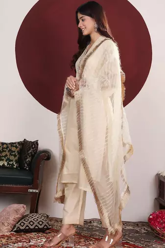 Floral Embroidered Round-V Straight Kurta With Trousers & Dupatta