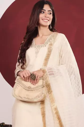 Floral Embroidered V-Neck Straight Kurta With Trousers & Dupatta