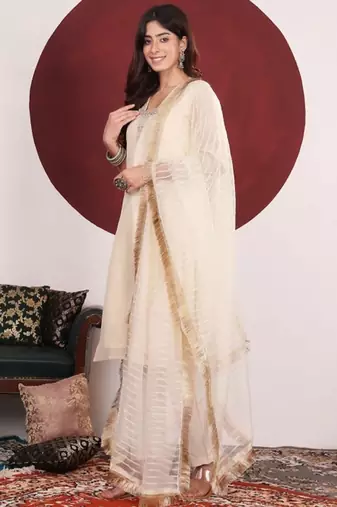 Floral Embroidered V-Neck Straight Kurta With Trousers & Dupatta