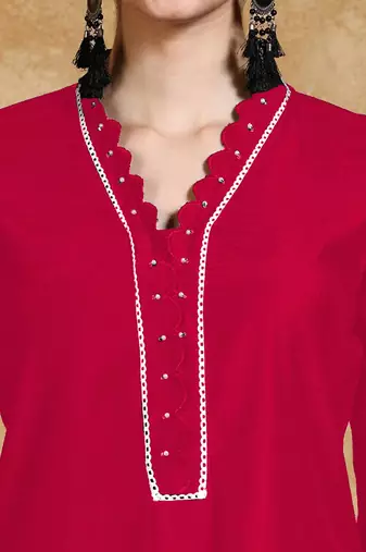 Women Solid Fuchsia Regular Beads and Stones Detail Kurta with Trousers & Dupatta