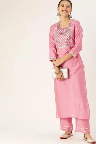 Women Yoke Design Regular Mirror Work Kurta with Trousers