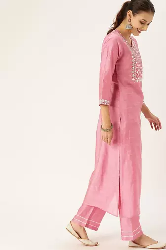 Women Yoke Design Regular Mirror Work Kurta with Trousers