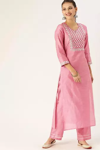 Women Yoke Design Regular Mirror Work Kurta with Trousers