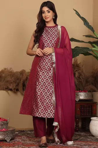 Women Woven Design Regular Kurta with Trousers & With Dupatta