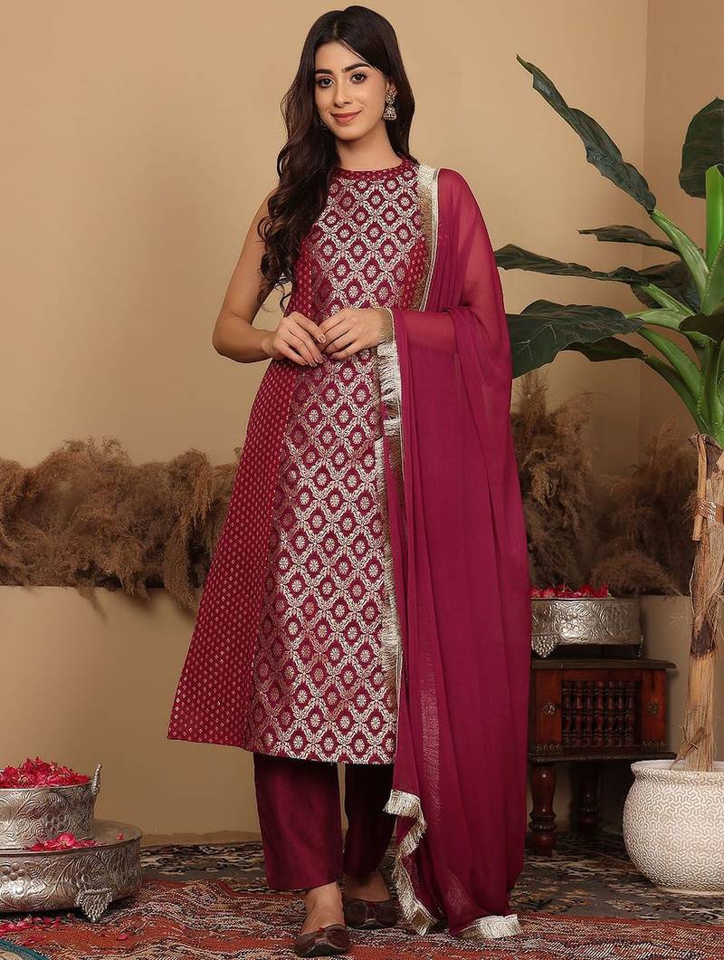 Women Woven Design Regular Kurta with Trousers & With Dupatta