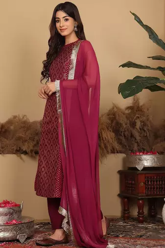 Women Woven Design Regular Kurta with Trousers & With Dupatta