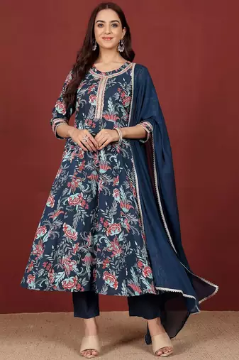 Women Floral Printed Regular Pure Cotton Kurta, Trousers with Dupatta