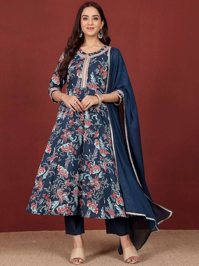 Women Floral Printed Regular Pure Cotton Kurta, Trousers with Dupatta