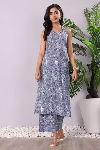 Paisley Printed V-Neck Sleeveless Pure Cotton Kurta With Palazzos