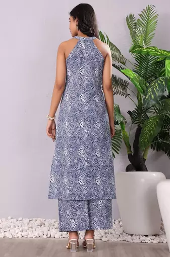 Paisley Printed V-Neck Sleeveless Pure Cotton Kurta With Palazzos